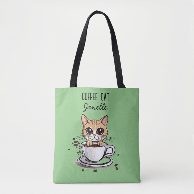 Personalized Coffee Cat Design Tote Bag (Front)