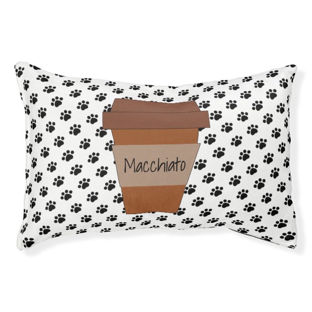 Personalized Coffee Cup on Black Paw Prints Pet Bed (Front)