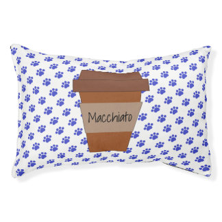 Personalized Coffee Cup on Blue Paw Prints Pet Bed