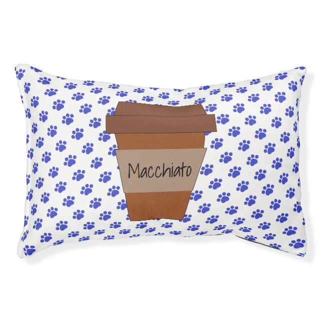 Personalized Coffee Cup on Blue Paw Prints Pet Bed (Front)
