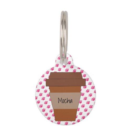 Personalized Coffee Cup on Pink Paw Prints Pet ID Tag