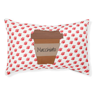 Personalized Coffee Cup on Red Paw Prints Pet Bed