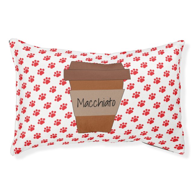 Personalized Coffee Cup on Red Paw Prints Pet Bed (Front)