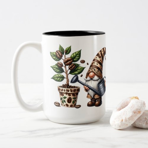 Personalized Coffee Gnome Watering Plant Gift Two_Tone Coffee Mug
