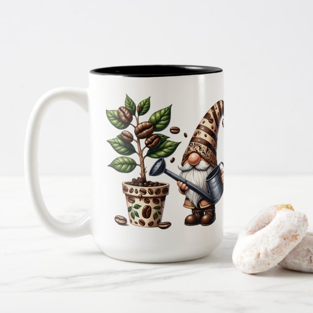 Personalized Coffee Gnome Watering Plant Gift Two-Tone Coffee Mug (With Donut)