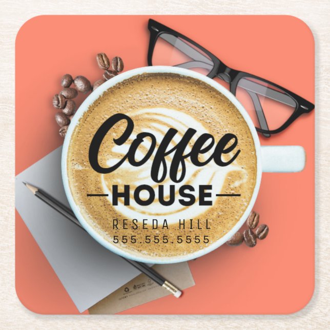 Personalized Coffee House Square Paper Coaster (Front)