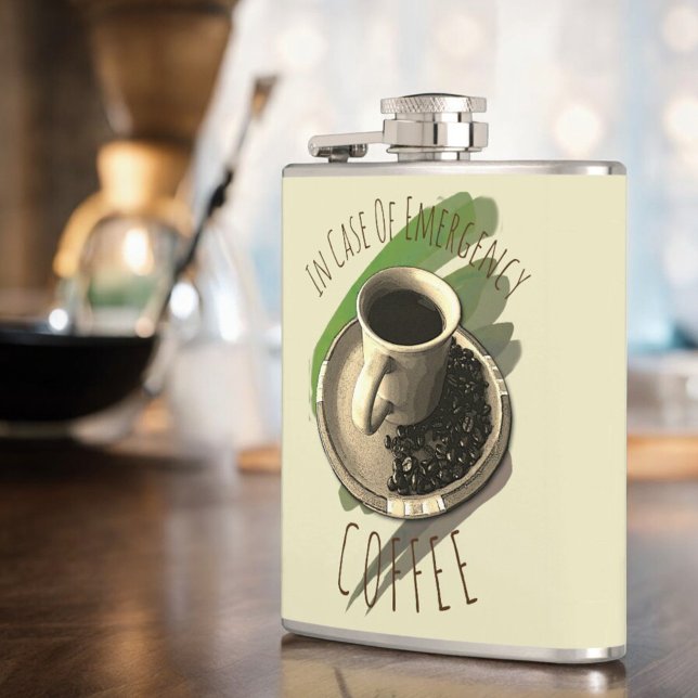 Personalized Coffee Lover Cup Saucer Beans Flask (flask front on angle)