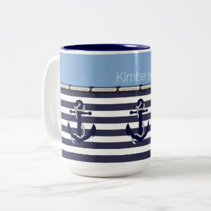Personalized Coffee Mug With Anchors And Stripes