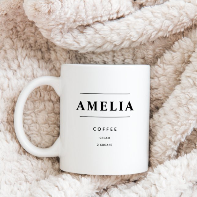 Personalized Coffee Order, Custom drink Mug (Personalized Name and Drink order coffee mug with black text shown on blanket background. )