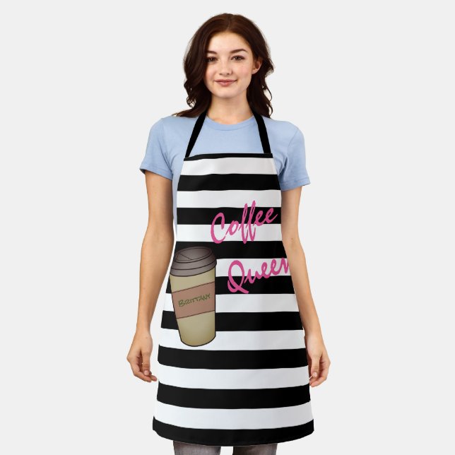 Personalized Coffee Queen Striped Apron (Worn)