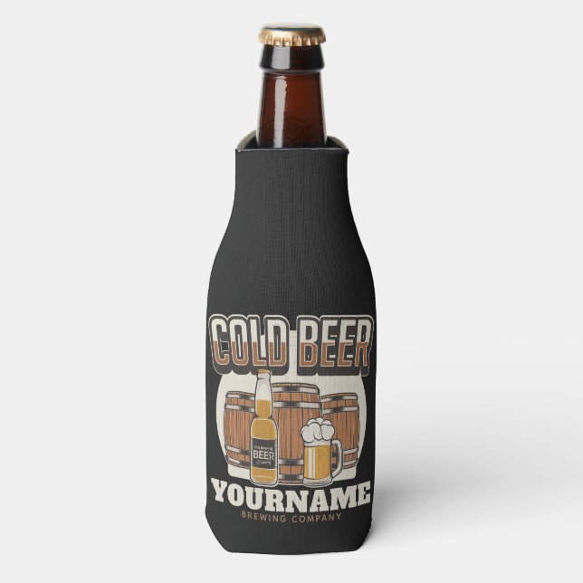 Personalized Cold Beer Oak Barrel Brewery Brewing  Bottle Cooler (Bottle Front)