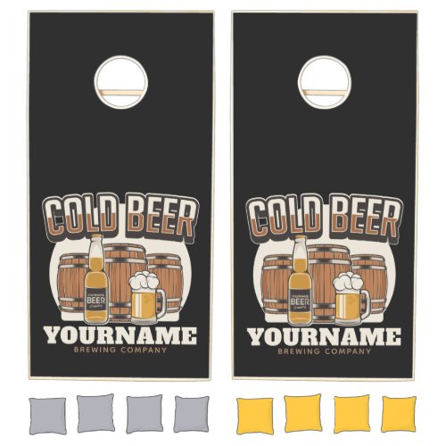 Personalized Cold Beer Oak Barrel Brewery Brewing  Cornhole Set