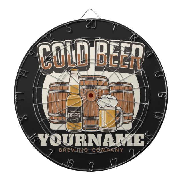 Personalized Cold Beer Oak Barrel Brewery Brewing Dart Board (Front)