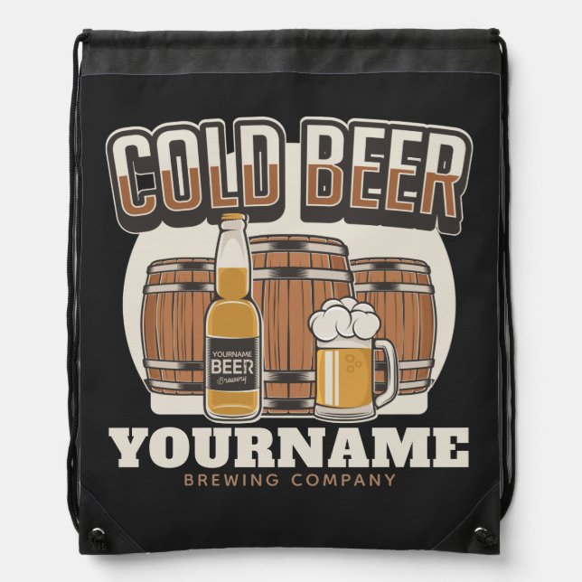 Personalized Cold Beer Oak Barrel Brewery Brewing  Drawstring Bag (Front)