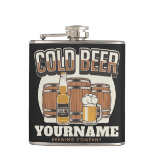 Personalized Cold Beer Oak Barrel Brewery Brewing  Flask