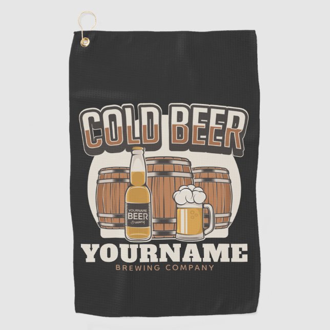 Personalized Cold Beer Oak Barrel Brewery Brewing Golf Towel (Front)