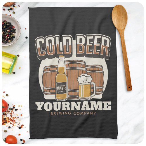 Personalized Cold Beer Oak Barrel Brewery Brewing  Kitchen Towel