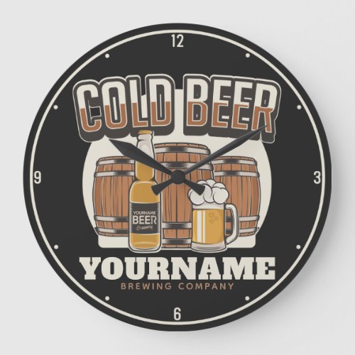 Personalized Cold Beer Oak Barrel Brewery Brewing  Large Clock