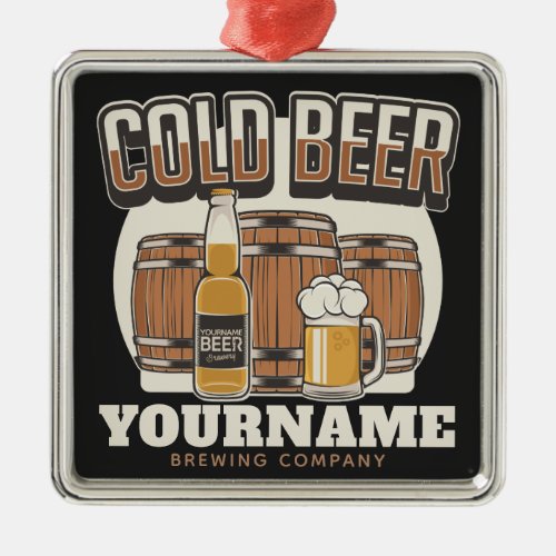 Personalized Cold Beer Oak Barrel Brewery Brewing  Metal Ornament