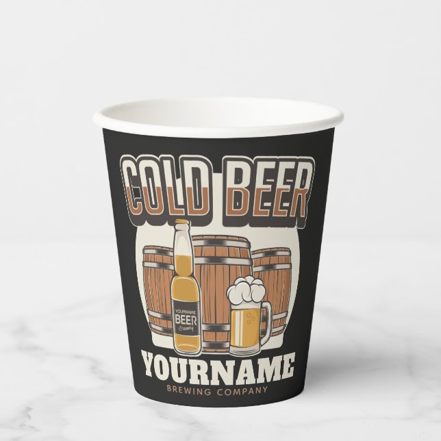 Personalized Cold Beer Oak Barrel Brewery Brewing Paper Cups (Front)