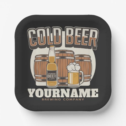 Personalized Cold Beer Oak Barrel Brewery Brewing  Paper Plates