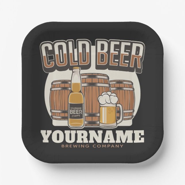 Personalized Cold Beer Oak Barrel Brewery Brewing  Paper Plates (Front)