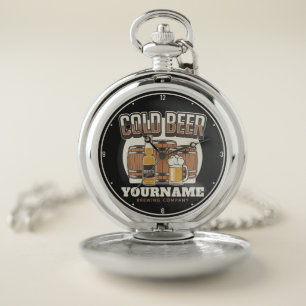 Personalized Cold Beer Oak Barrel Brewery Brewing Pocket Watch