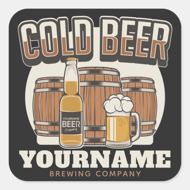 Personalized Cold Beer Oak Barrel Brewery Brewing  Square Sticker (Front)