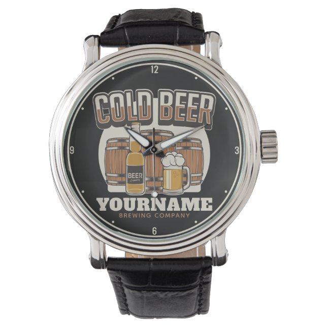 Personalized Cold Beer Oak Barrel Brewery Brewing Watch (Front)