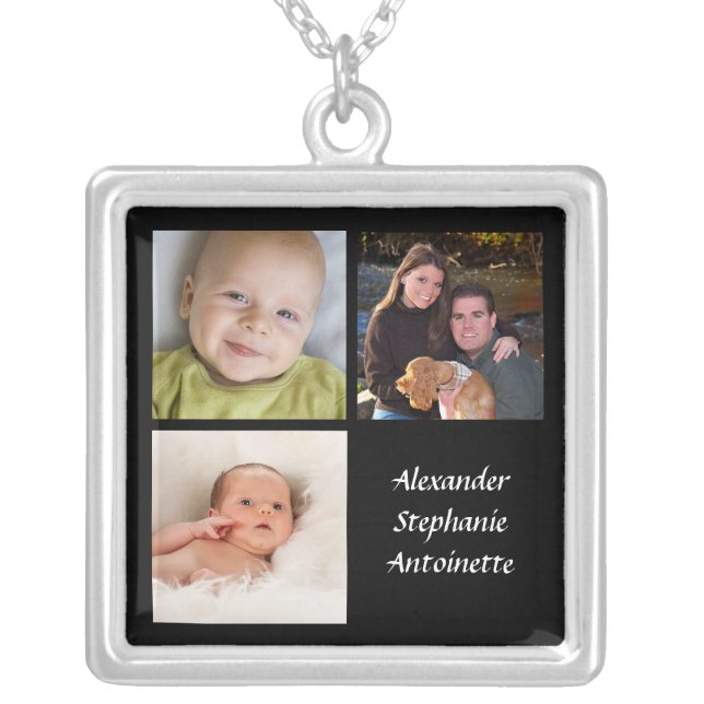 Personalized Collage 3 Photo Necklace Black w/Text (Front)