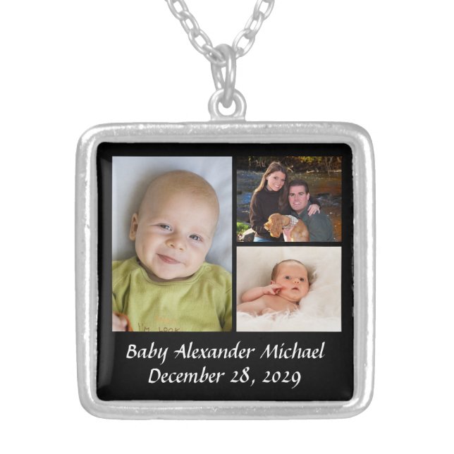 Personalized Collage Photo Necklace Black w/Text (Front)