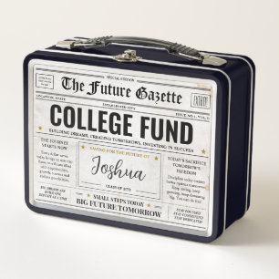 Personalized College Fund Box, Savings Newspaper Metal Lunch Box