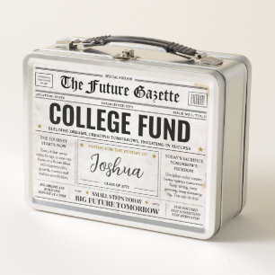 Personalized College Fund Box, Savings Newspaper  Metal Lunch Box