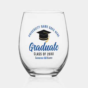 Personalized College Graduation Blue Graduate Stemless Wine Glass