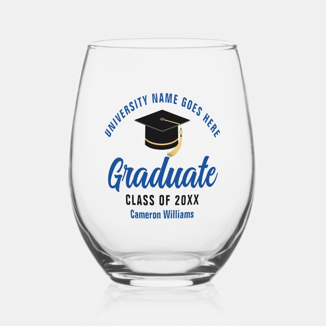 Personalized College Graduation Blue Graduate Stemless Wine Glass (Front)