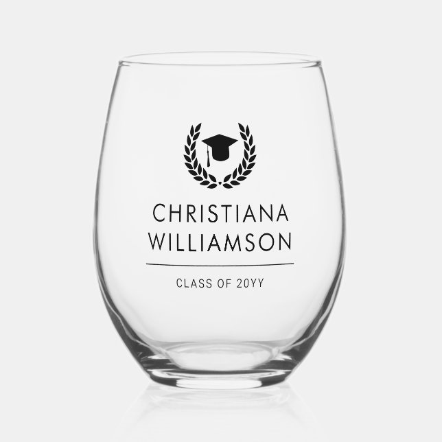 Personalized College Graduation Elegant Stemless Wine Glass (Front)