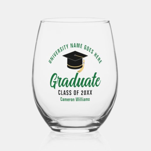Personalized College Graduation Green Graduate Stemless Wine Glass