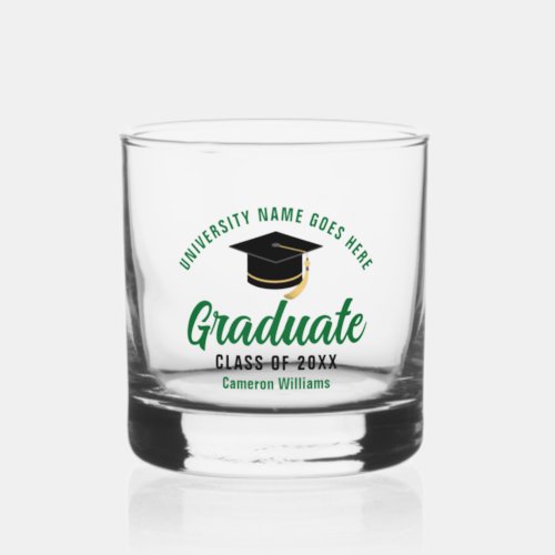 Personalized College Graduation Green Graduate Whiskey Glass