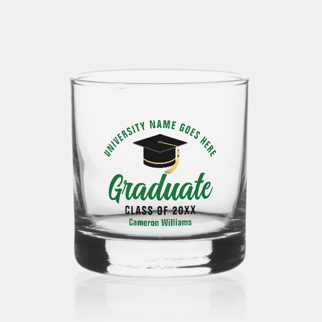 Personalized College Graduation Green Graduate Whiskey Glass (Front)