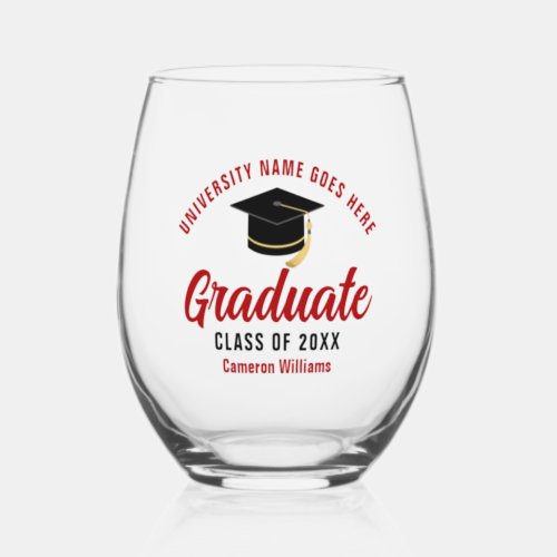 Personalized College Graduation Red Graduate Stemless Wine Glass