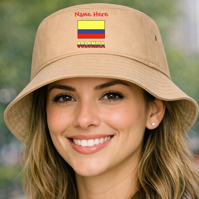 Personalized Colombia Flag Bucket Hat (Personalized bucket hat has Colombian Flag and word COLOMBIA below in flag colors. Above, add a name)