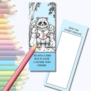 Personalized COLOR IT & DRAW Raccoon Reading Bookmarks