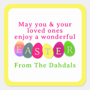 Personalized Colored Easter Eggs Typography Yellow Square Sticker