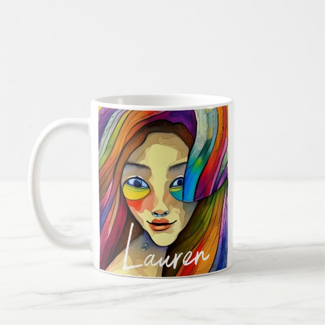 Personalized Colorful Abstract Art Pretty Girl Coffee Mug (Left)