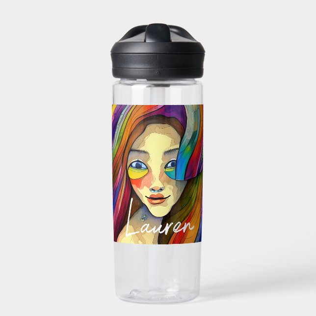 Personalized Colorful Abstract Art Pretty Girl Water Bottle (Front)