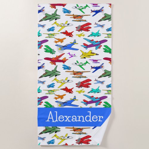 Personalized Colorful Airplanes Pattern  Beach Towel