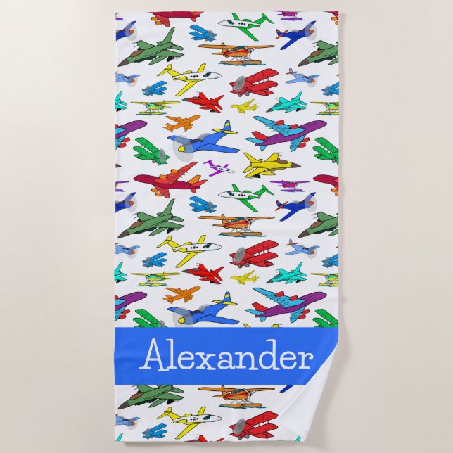 Personalized Colorful Airplanes Pattern  Beach Towel (Front)