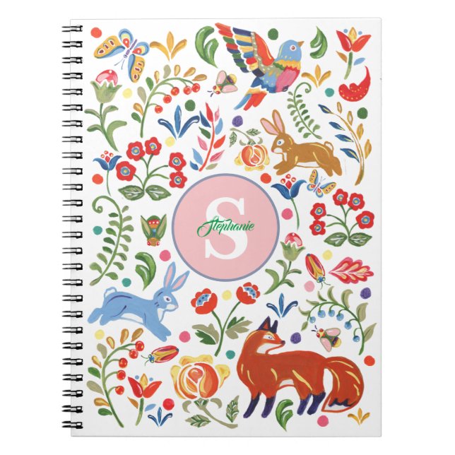 Personalized Colorful Animal Folk Art Floral Cute Notebook (Front)