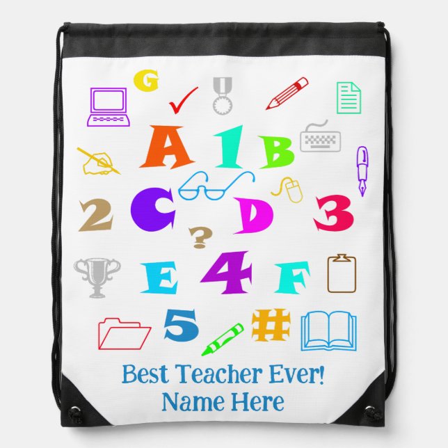 Personalized Colorful Best Teacher, School Items Drawstring Bag (Front)