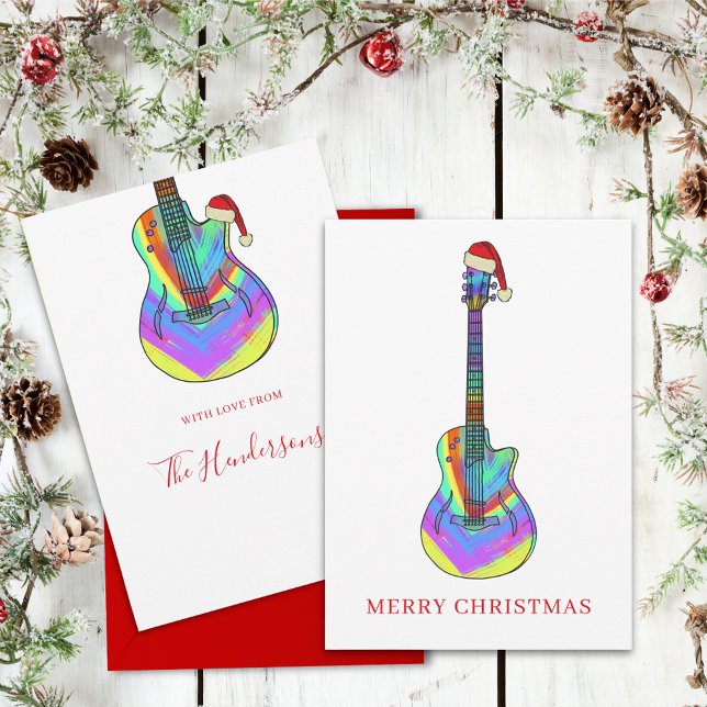 Personalized Colorful Christmas Guitar Holiday Card (Colorful Christmas guitar Santa personalized holiday card)